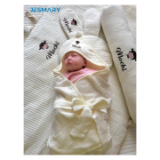 Set chăn ga gối kèm khăn choàng vải xô thêu tên logo